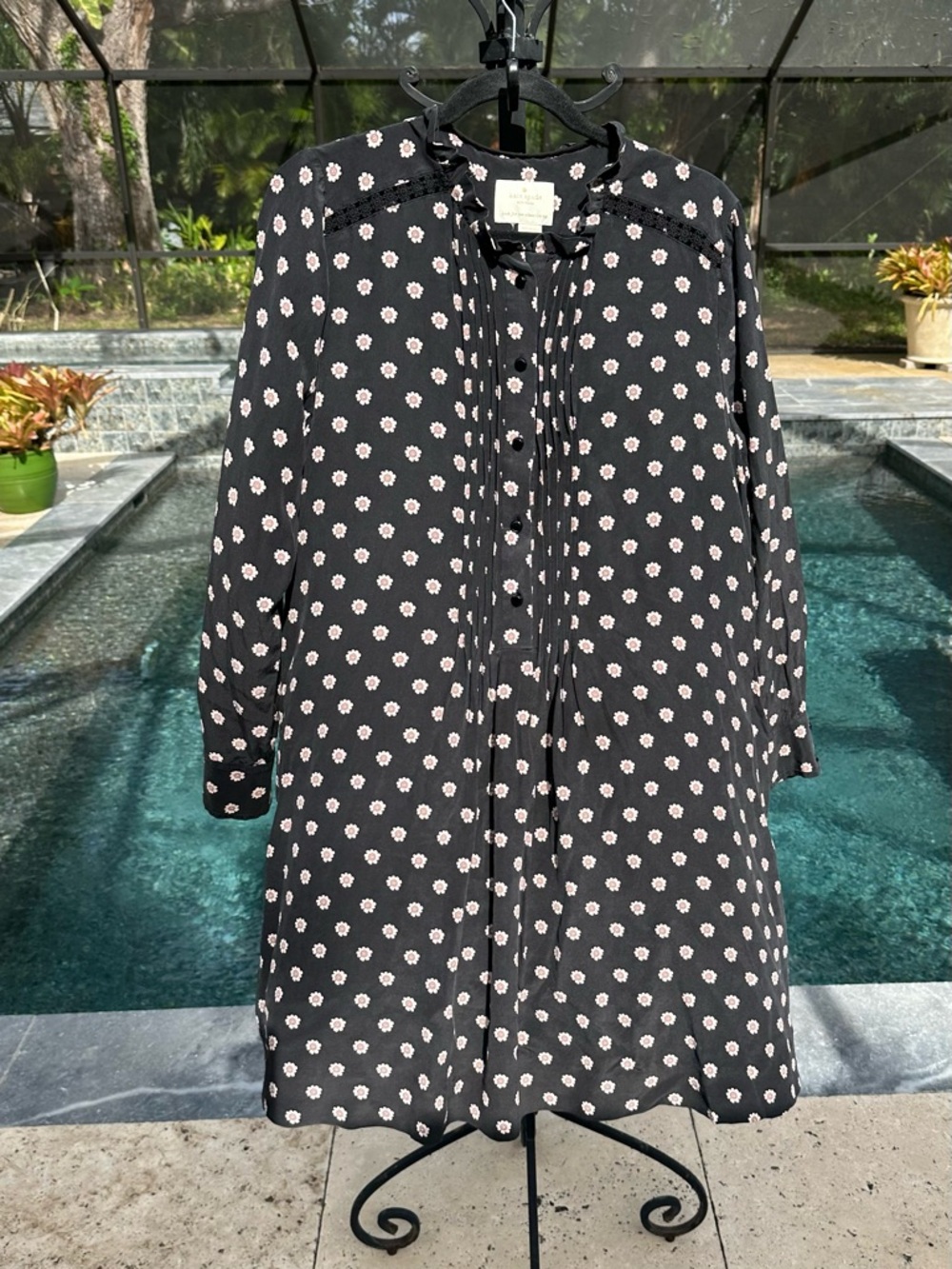 Kate Spade Dress Ditsy Floral Pintuck Pleats Daisy Crochet Trim (M-L) 100% Silk